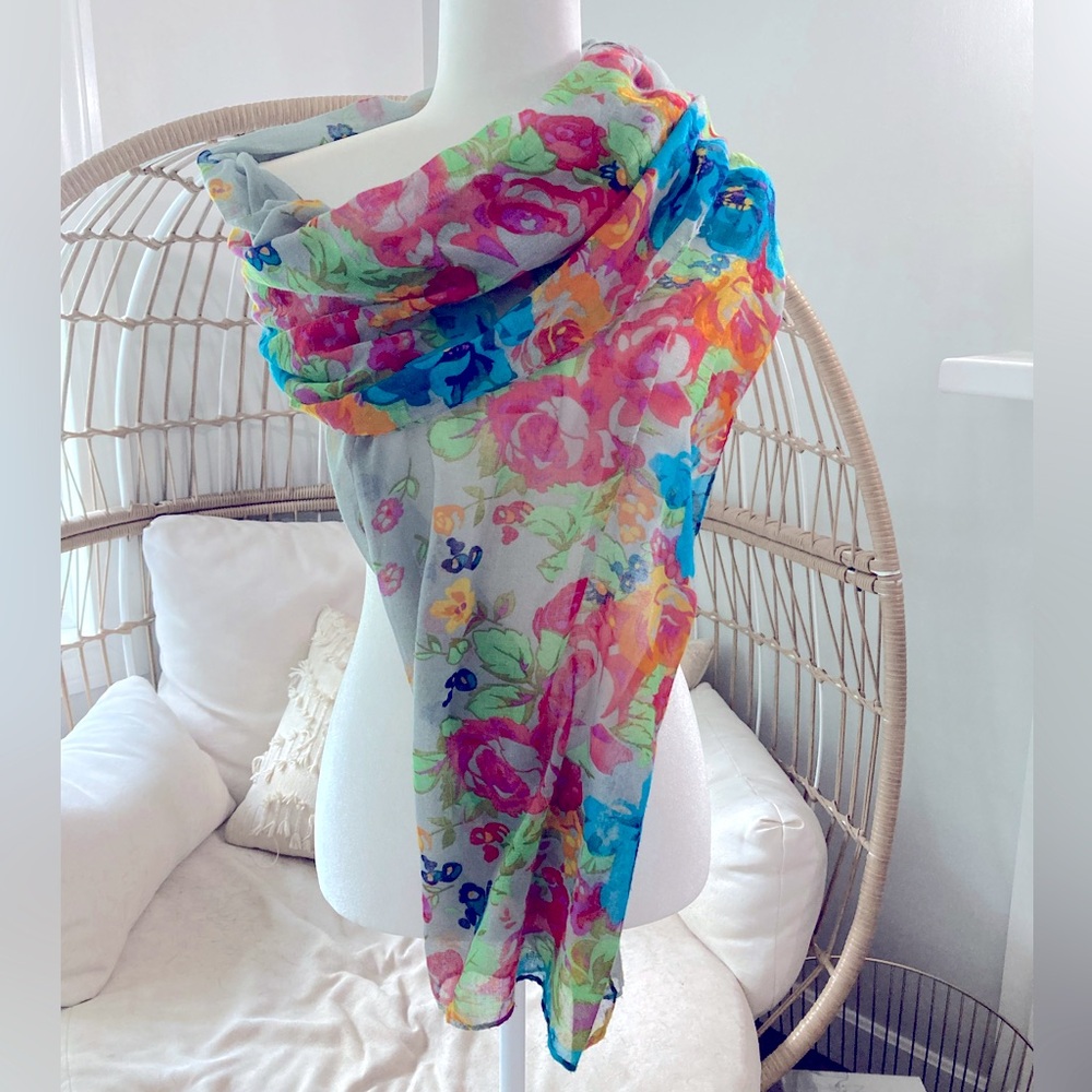 Gray Floral Sheer Scarf With Rainbow Garden Print 72x36 Boho Festival Feminine